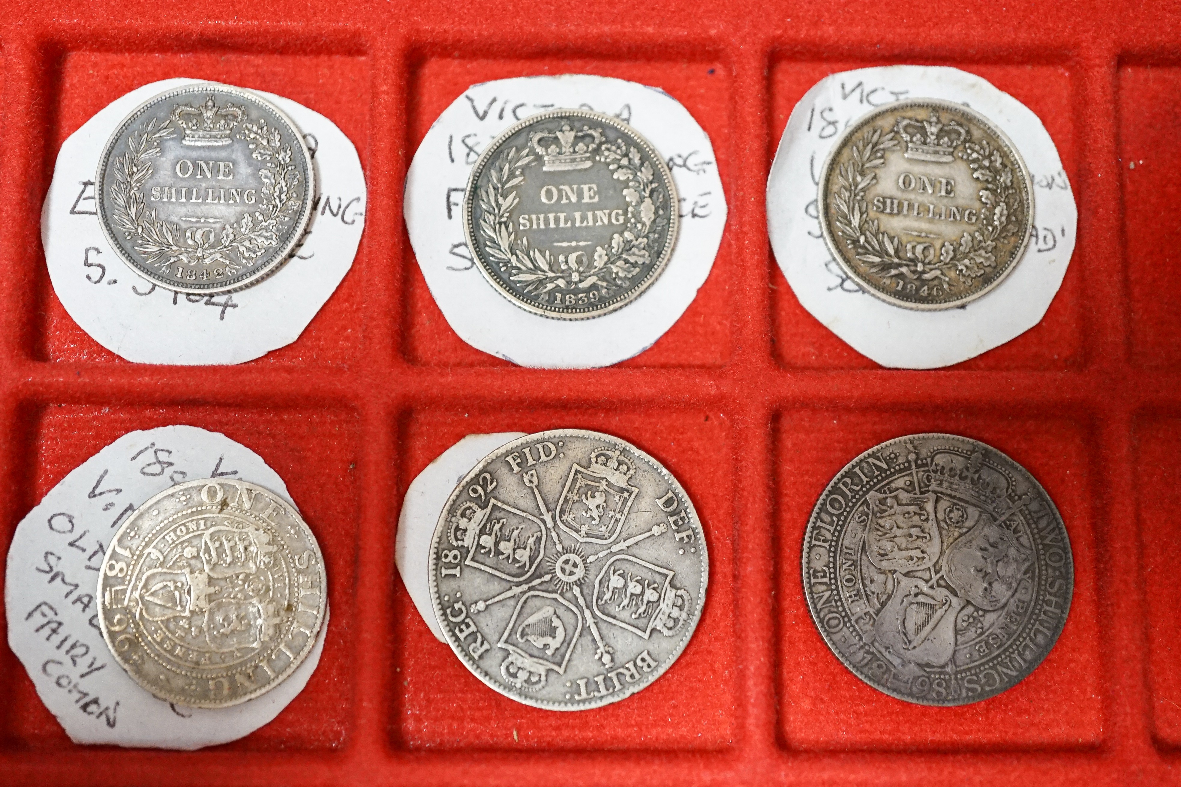 UK coins, Victoria silver coins, halfcrowns 1887, 1897, florins 1892, 1898, shillings 1839, 1846, 1842, 1872, 1818, 1896, 1897 and an 1881 sixpence, VG to EF
